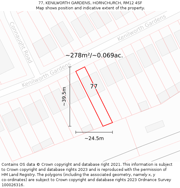 77, KENILWORTH GARDENS, HORNCHURCH, RM12 4SF: Plot and title map