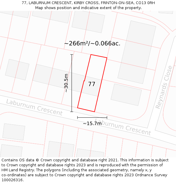 77, LABURNUM CRESCENT, KIRBY CROSS, FRINTON-ON-SEA, CO13 0RH: Plot and title map