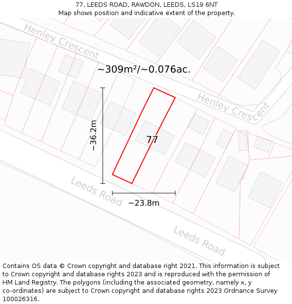 77, LEEDS ROAD, RAWDON, LEEDS, LS19 6NT: Plot and title map