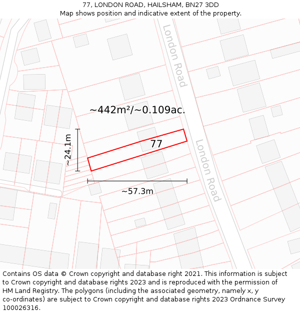 77, LONDON ROAD, HAILSHAM, BN27 3DD: Plot and title map