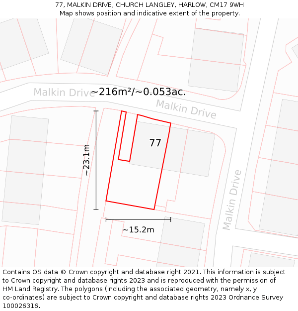 77, MALKIN DRIVE, CHURCH LANGLEY, HARLOW, CM17 9WH: Plot and title map