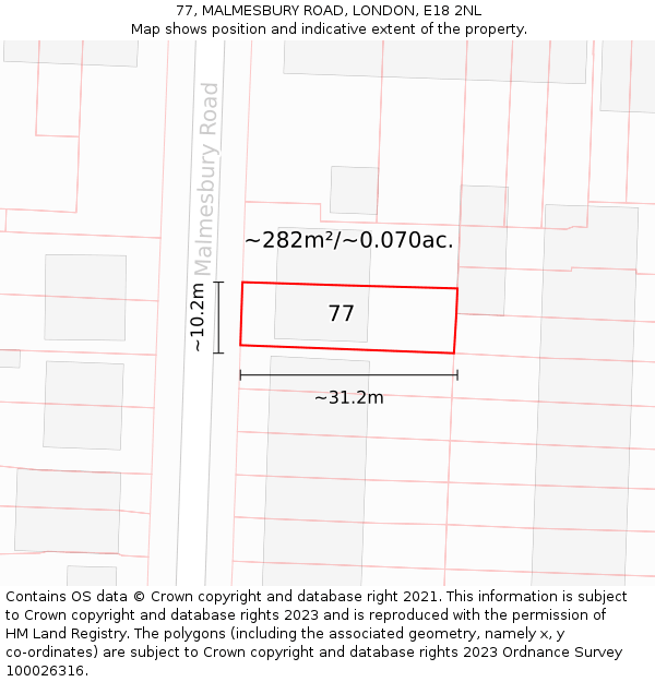 77, MALMESBURY ROAD, LONDON, E18 2NL: Plot and title map