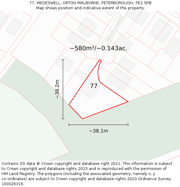 77, MEDESWELL, ORTON MALBORNE, PETERBOROUGH, PE2 5PB: Plot and title map