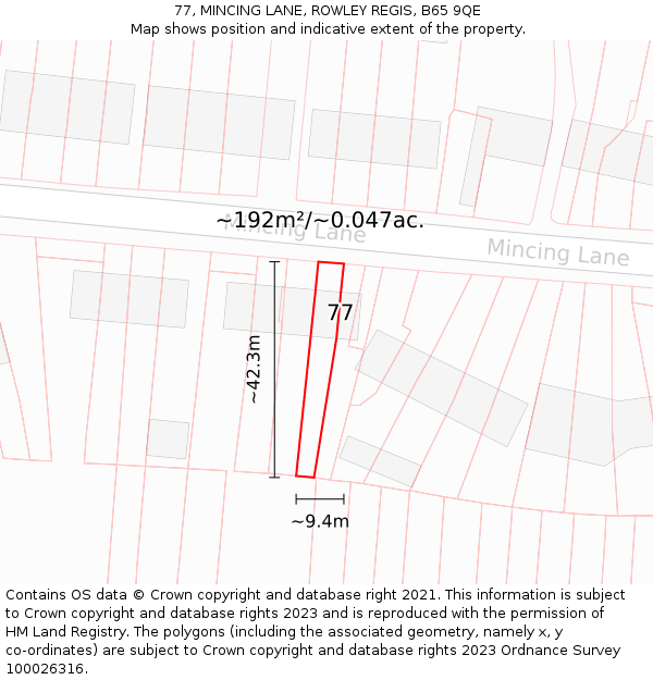 77, MINCING LANE, ROWLEY REGIS, B65 9QE: Plot and title map