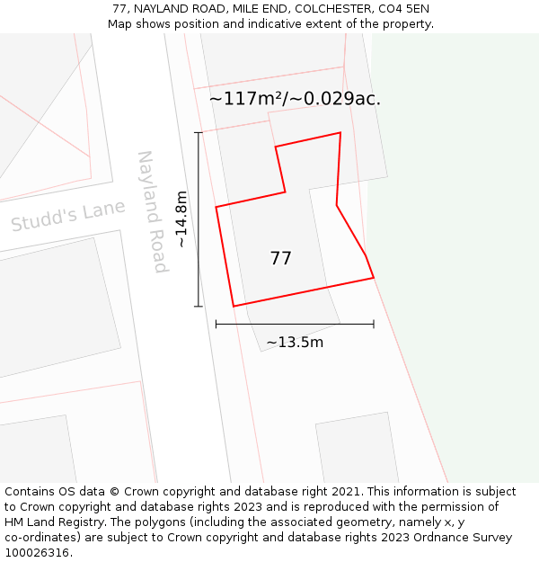 77, NAYLAND ROAD, MILE END, COLCHESTER, CO4 5EN: Plot and title map