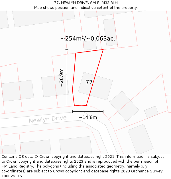 77, NEWLYN DRIVE, SALE, M33 3LH: Plot and title map