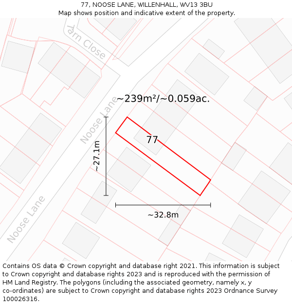 77, NOOSE LANE, WILLENHALL, WV13 3BU: Plot and title map