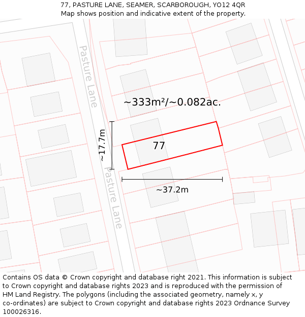 77, PASTURE LANE, SEAMER, SCARBOROUGH, YO12 4QR: Plot and title map