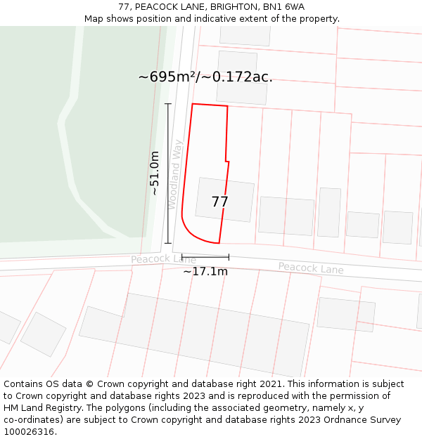 77, PEACOCK LANE, BRIGHTON, BN1 6WA: Plot and title map