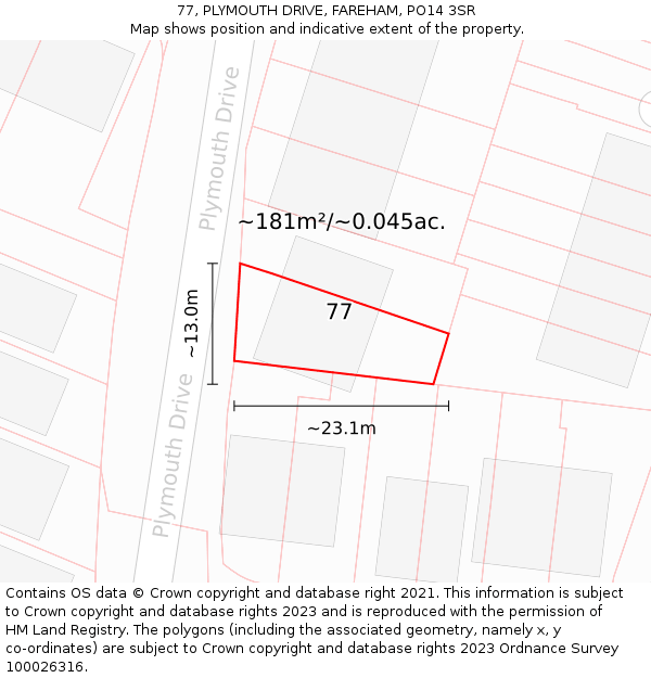 77, PLYMOUTH DRIVE, FAREHAM, PO14 3SR: Plot and title map