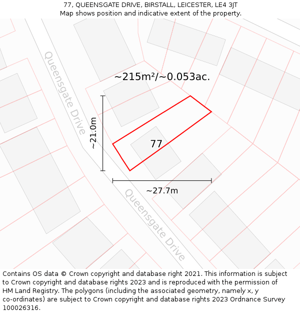 77, QUEENSGATE DRIVE, BIRSTALL, LEICESTER, LE4 3JT: Plot and title map