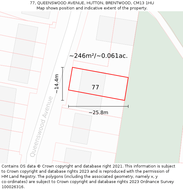 77, QUEENSWOOD AVENUE, HUTTON, BRENTWOOD, CM13 1HU: Plot and title map