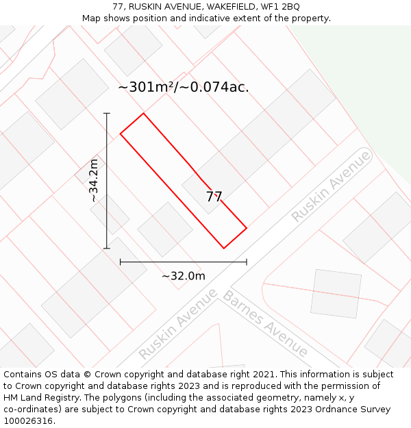 77, RUSKIN AVENUE, WAKEFIELD, WF1 2BQ: Plot and title map