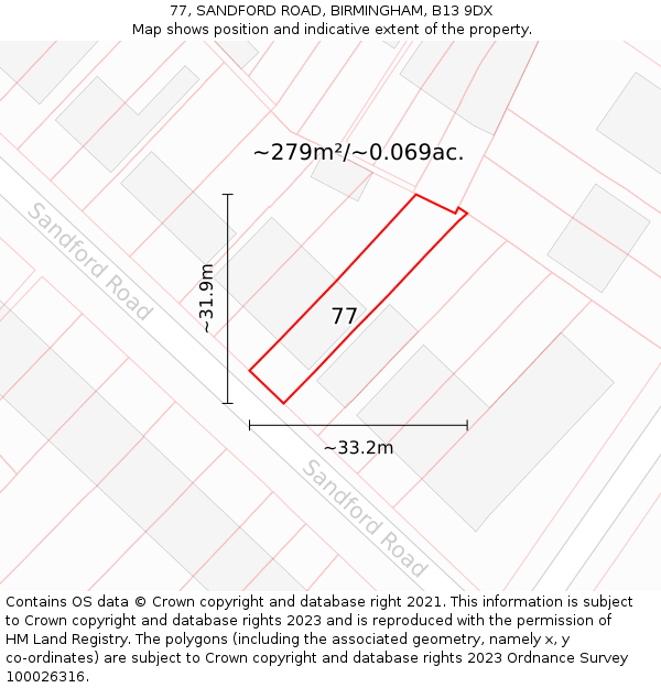 77, SANDFORD ROAD, BIRMINGHAM, B13 9DX: Plot and title map