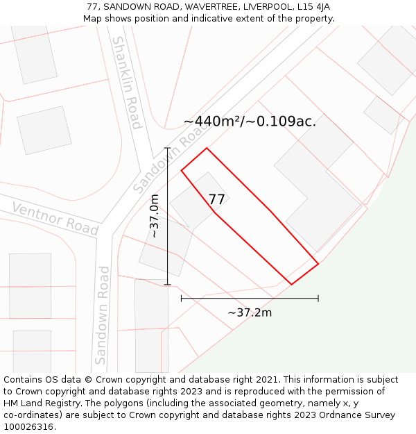 77, SANDOWN ROAD, WAVERTREE, LIVERPOOL, L15 4JA: Plot and title map