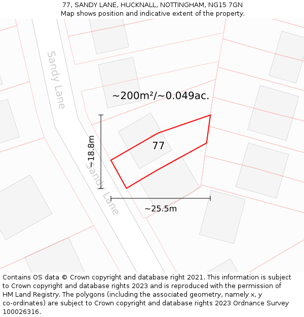 77, SANDY LANE, HUCKNALL, NOTTINGHAM, NG15 7GN: Plot and title map