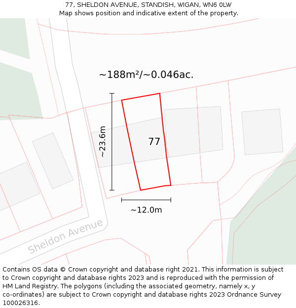 77, SHELDON AVENUE, STANDISH, WIGAN, WN6 0LW: Plot and title map