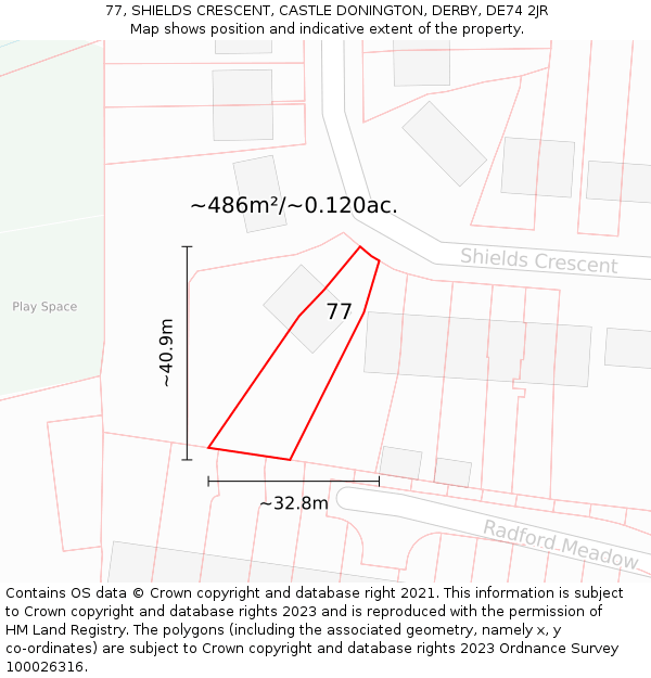 77, SHIELDS CRESCENT, CASTLE DONINGTON, DERBY, DE74 2JR: Plot and title map