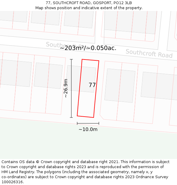 77, SOUTHCROFT ROAD, GOSPORT, PO12 3LB: Plot and title map
