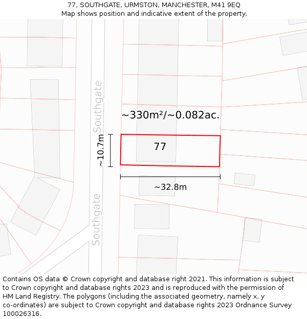 77, SOUTHGATE, URMSTON, MANCHESTER, M41 9EQ: Plot and title map