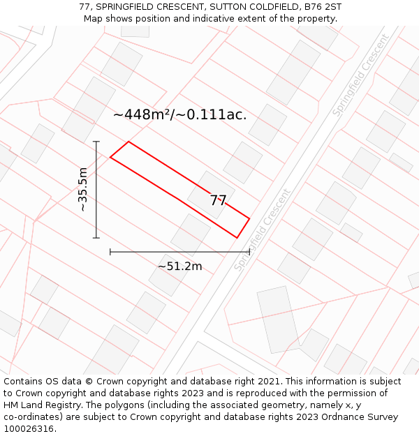 77, SPRINGFIELD CRESCENT, SUTTON COLDFIELD, B76 2ST: Plot and title map