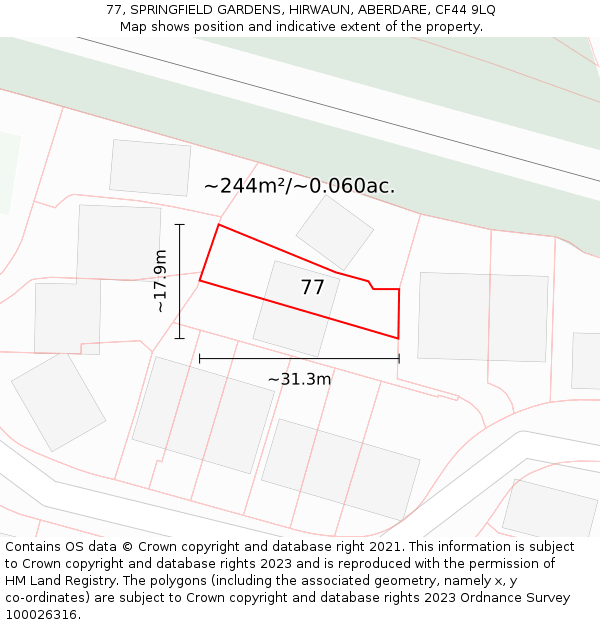 77, SPRINGFIELD GARDENS, HIRWAUN, ABERDARE, CF44 9LQ: Plot and title map