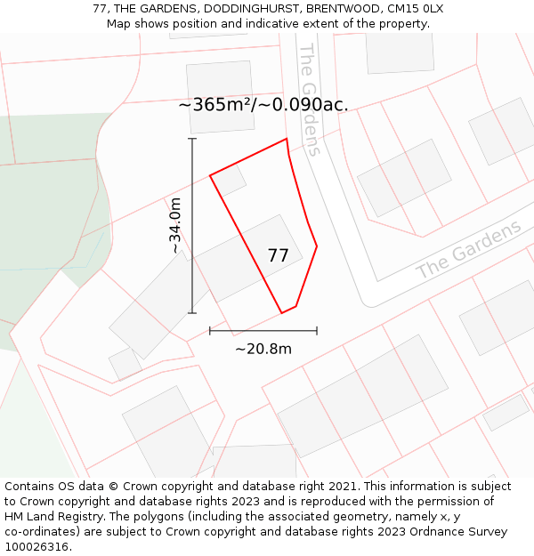 77, THE GARDENS, DODDINGHURST, BRENTWOOD, CM15 0LX: Plot and title map