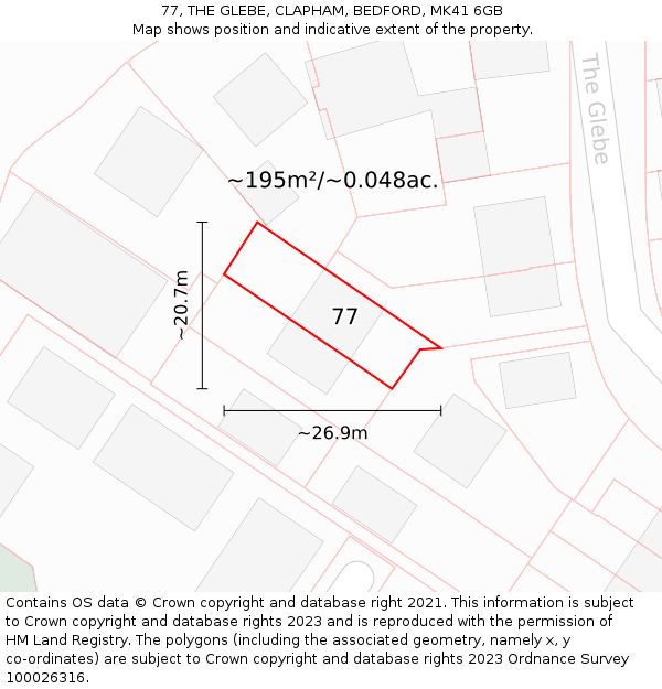 77, THE GLEBE, CLAPHAM, BEDFORD, MK41 6GB: Plot and title map