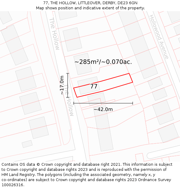 77, THE HOLLOW, LITTLEOVER, DERBY, DE23 6GN: Plot and title map