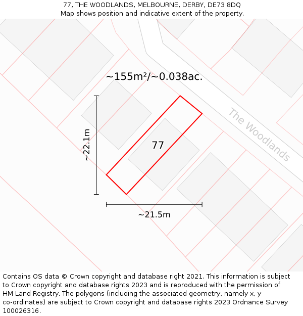 77, THE WOODLANDS, MELBOURNE, DERBY, DE73 8DQ: Plot and title map