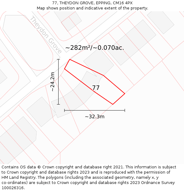 77, THEYDON GROVE, EPPING, CM16 4PX: Plot and title map