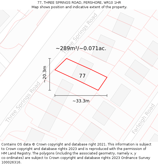 77, THREE SPRINGS ROAD, PERSHORE, WR10 1HR: Plot and title map