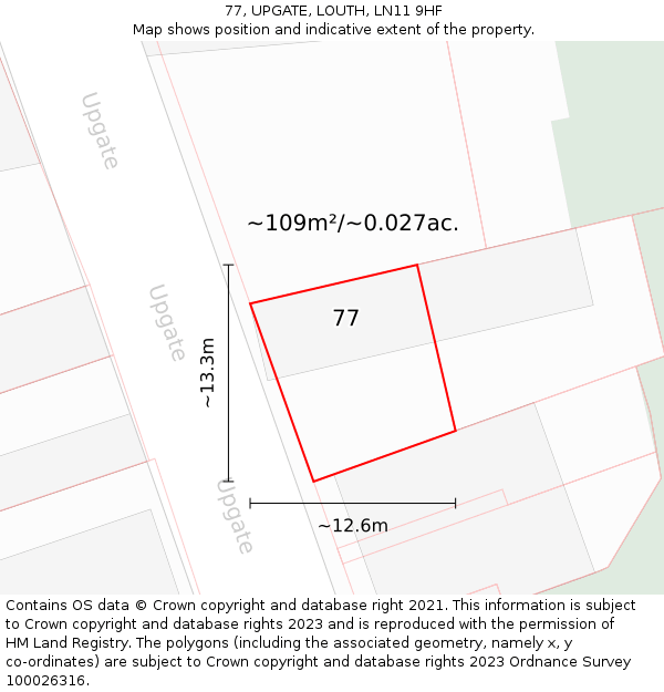 77, UPGATE, LOUTH, LN11 9HF: Plot and title map