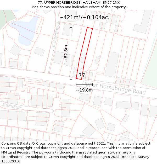 77, UPPER HORSEBRIDGE, HAILSHAM, BN27 1NX: Plot and title map