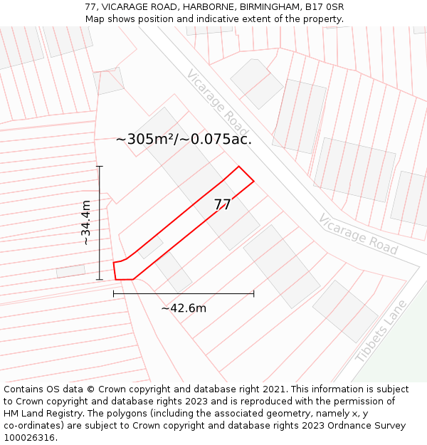 77, VICARAGE ROAD, HARBORNE, BIRMINGHAM, B17 0SR: Plot and title map