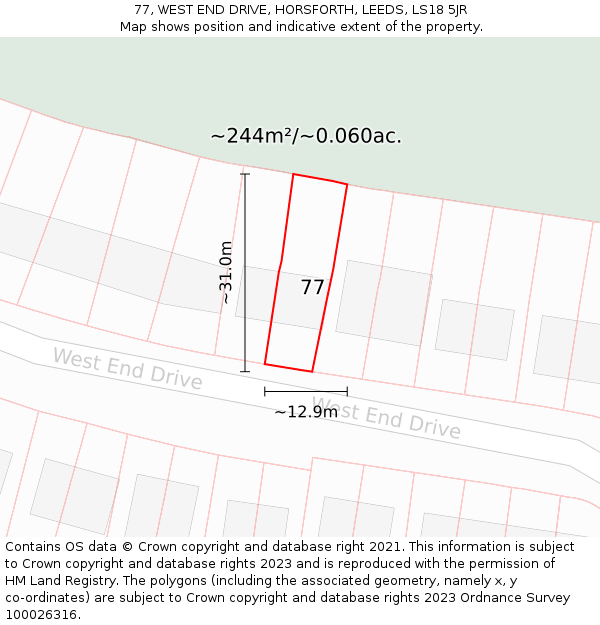 77, WEST END DRIVE, HORSFORTH, LEEDS, LS18 5JR: Plot and title map