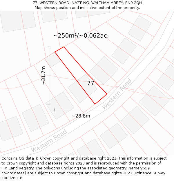 77, WESTERN ROAD, NAZEING, WALTHAM ABBEY, EN9 2QH: Plot and title map