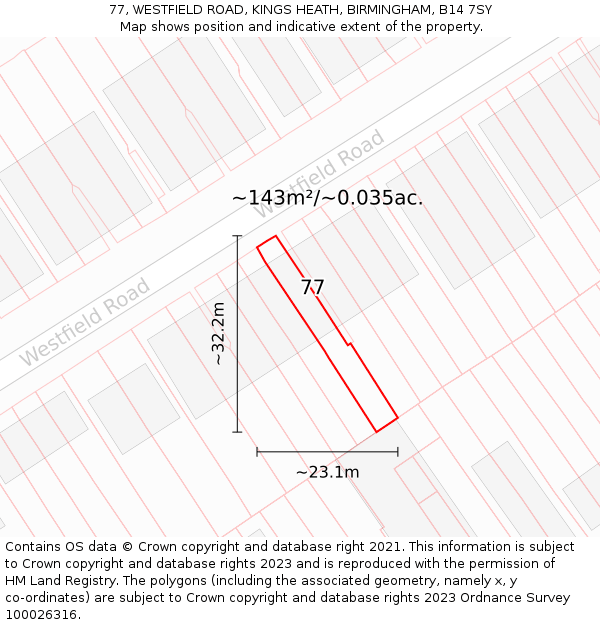 77, WESTFIELD ROAD, KINGS HEATH, BIRMINGHAM, B14 7SY: Plot and title map