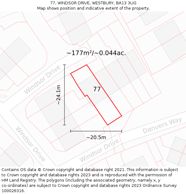 77, WINDSOR DRIVE, WESTBURY, BA13 3UG: Plot and title map