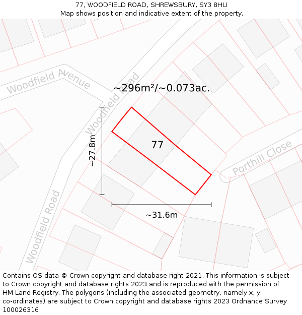 77, WOODFIELD ROAD, SHREWSBURY, SY3 8HU: Plot and title map