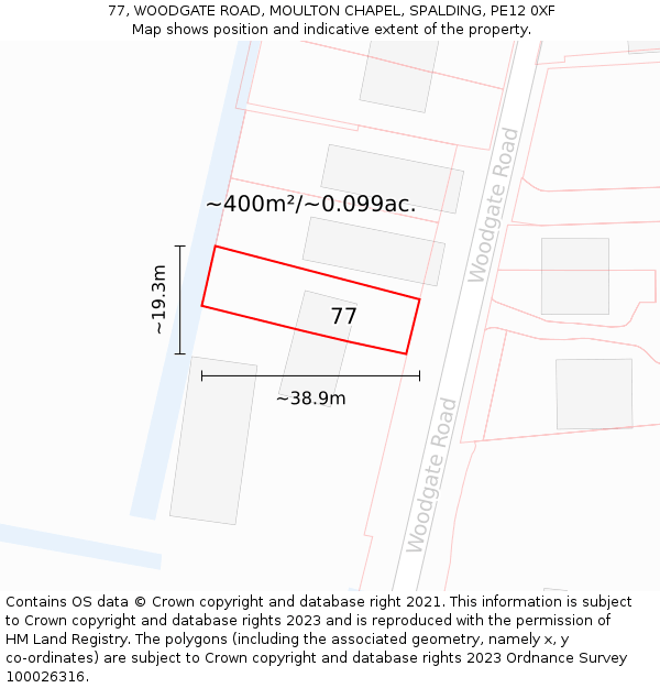 77, WOODGATE ROAD, MOULTON CHAPEL, SPALDING, PE12 0XF: Plot and title map