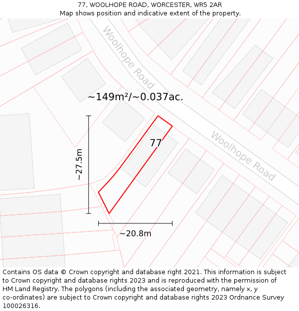 77, WOOLHOPE ROAD, WORCESTER, WR5 2AR: Plot and title map