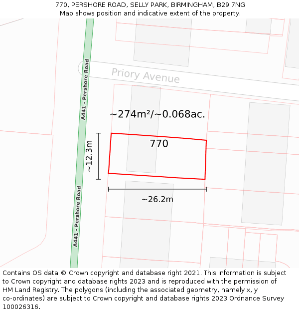 770, PERSHORE ROAD, SELLY PARK, BIRMINGHAM, B29 7NG: Plot and title map