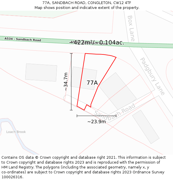 77A, SANDBACH ROAD, CONGLETON, CW12 4TF: Plot and title map