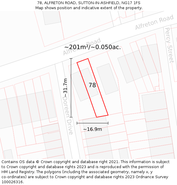 78, ALFRETON ROAD, SUTTON-IN-ASHFIELD, NG17 1FS: Plot and title map