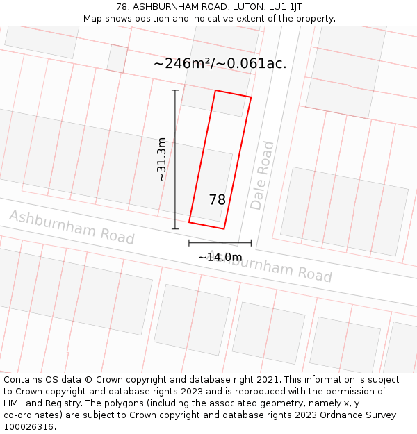 78, ASHBURNHAM ROAD, LUTON, LU1 1JT: Plot and title map