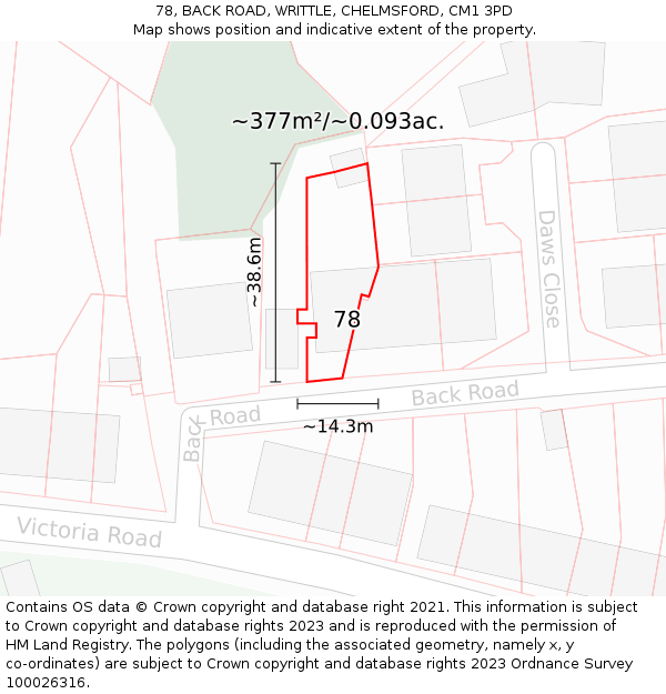 78, BACK ROAD, WRITTLE, CHELMSFORD, CM1 3PD: Plot and title map