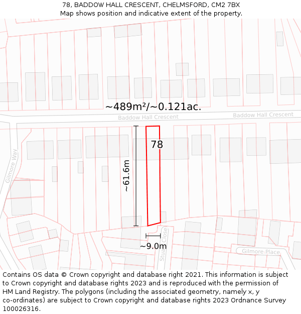 78, BADDOW HALL CRESCENT, CHELMSFORD, CM2 7BX: Plot and title map