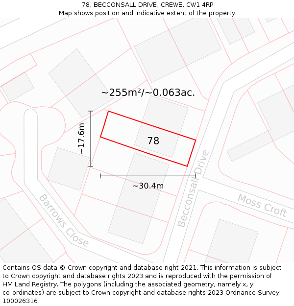 78, BECCONSALL DRIVE, CREWE, CW1 4RP: Plot and title map