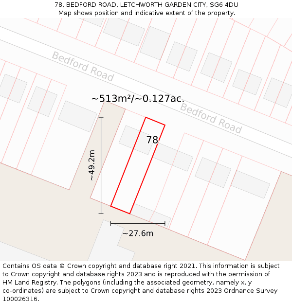 78, BEDFORD ROAD, LETCHWORTH GARDEN CITY, SG6 4DU: Plot and title map